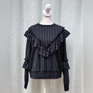 Envii navy blue white striped long sleeve ruffle detail sweater